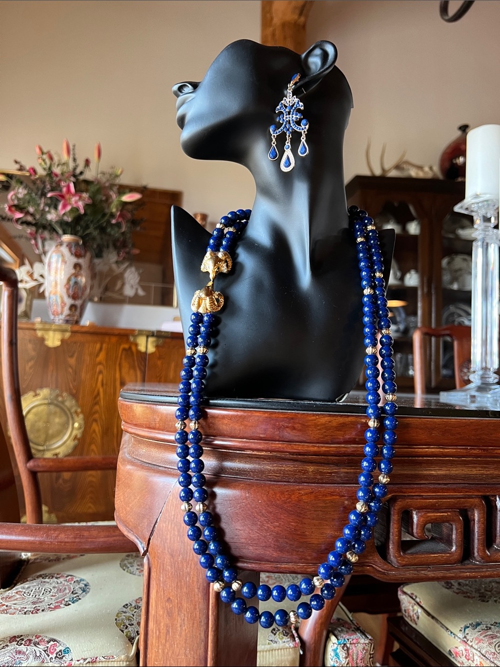 Elegant Blue Bead Necklace with Gold Accents and Matching Earrings